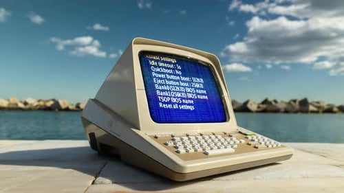 Computer am Meer mit Code und Daten auf dem Bildschirm