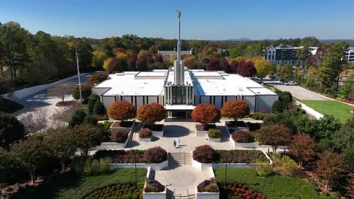 Aerial View of Modern Religious Building with Landscaping