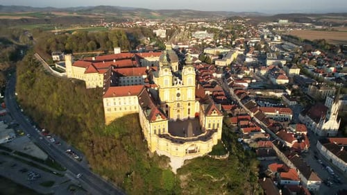 AERIAL VIEW. Melk Abbey overlooking the Danube River. Melk, Lower Austria, Austria
