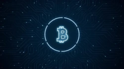 Blue digital money logo and futuristic technotogy circle HUD with circuit board financial concepts