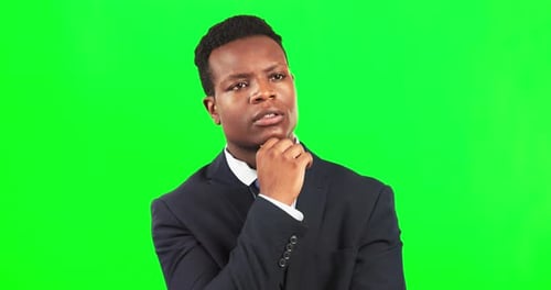 Business, black man and thinking on green screen of ideas, remember questions