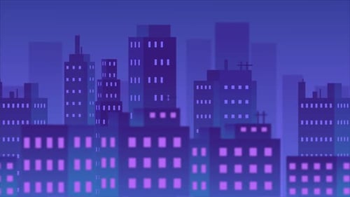 Cartoon Night City Buildings Moving 4K