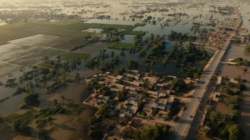 Aerial view of extensive flooding affecting Punjab, Pakistan villages