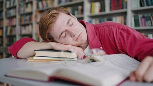 Redhead Man Falls Asleep Lying on Stack of Books on Desk