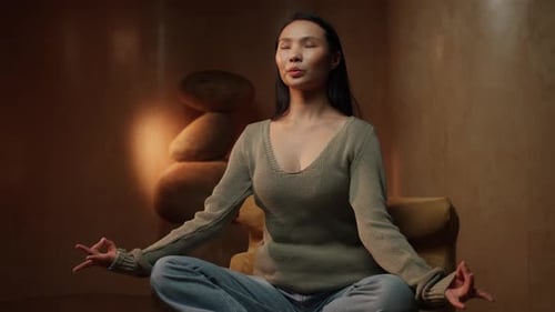 Serene Morning Meditation Session With Asian Woman in Peaceful Room