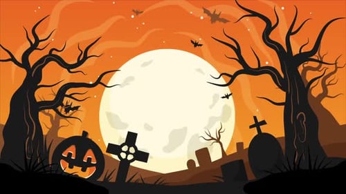 Spooky Halloween Night with Flying Bats and Jack-o'-Lantern