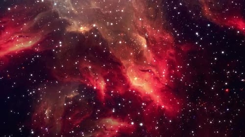 Flight through the clouds and gas of cosmic interstellar nebulae toward bright light.