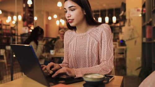 Portrait of young woman using laptop in coffee shop.