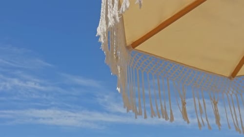 Cinematic Luxury Beach Resort Umbrellas and Palm Trees