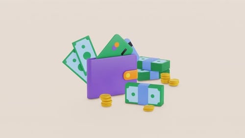 Money, Golden coin, dollar bills animation. 3d render. Bank service, investment, income