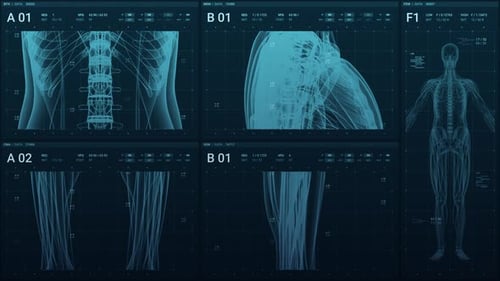 Daten des menschlichen Skeletts werden nach einer MRT-Untersuchung auf einem futuristischen High-Tech-Monitor angezeigt