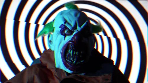 Scary Killer Clown with Rotating Black Spiral Background