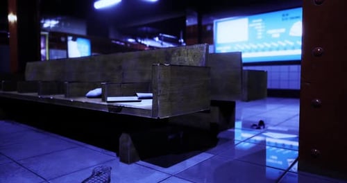 Wooden Seating in a Modern Urban Transport Hub at Night