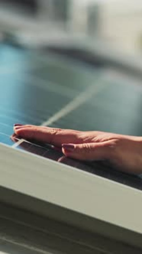 Industrial, solar panel and touch with hands of woman in city for renewable energy