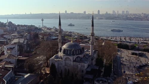 Aerial View of Historic Mosque and Ferry Pier in Istanbul