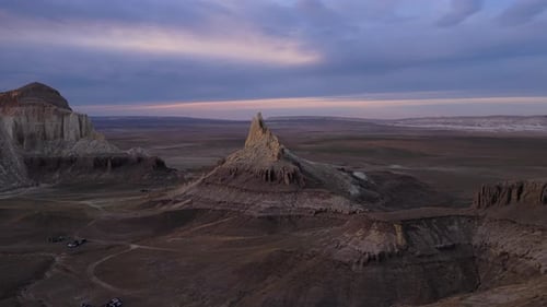 Aerial view of rock formations in desert, Kazakhstan.