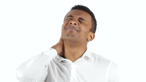 Man Massaging Neck in Discomfort on White Background