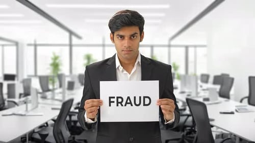 Angry Indian manager holding FRAUD banner