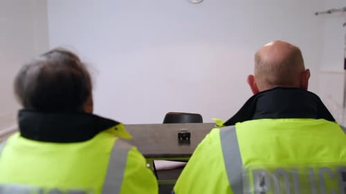 Teo police officers in an interrogation interview room at a police station waiting for a witness or