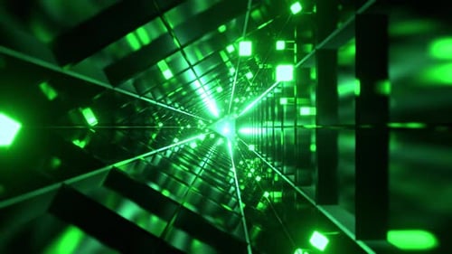 Green Sci Fi Triangular Tunnel With Neon Cubes Background VJ Loop l 4K