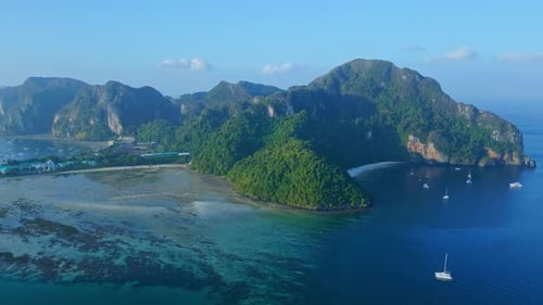 Luxury Getaway At Koh Phi Phi Islands With Tropical Beaches At Andaman Sea In Thailand. Aerial Drone