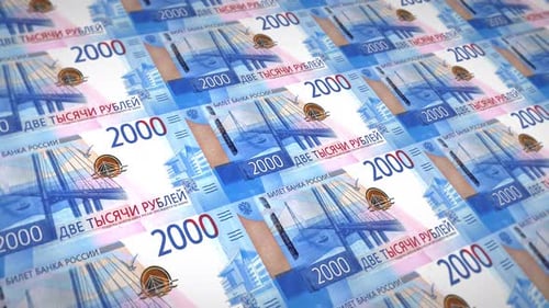 Seamless Loop of Russian Ruble 2000 Banknotes Printing