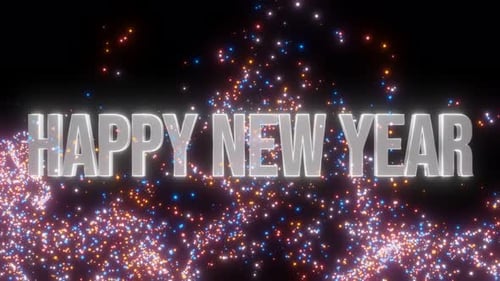 3D Text Happy New Year Gray Color with Colorful Particles on Black Background 4K Video