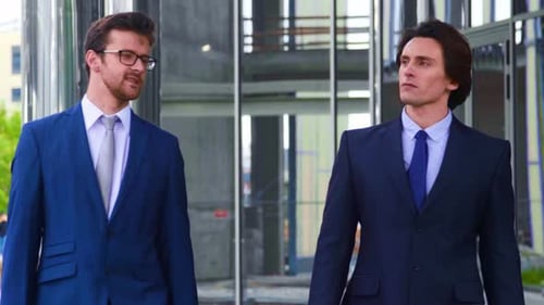Confident Business Men Talking in Front of Modern Office Building Businessman and His Colleague