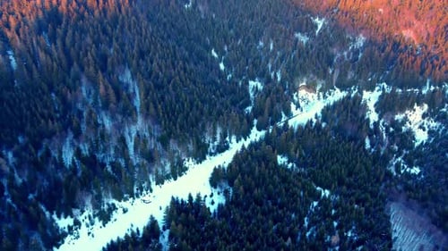 Aerial View of a Road Covered with Snow in a Forest