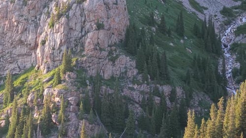 Waterfall Cascading Down Rocky Mountainside Covered in Lush Greenery