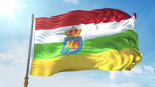 Realistic Waving Flag with Emblem Against Sunny Sky