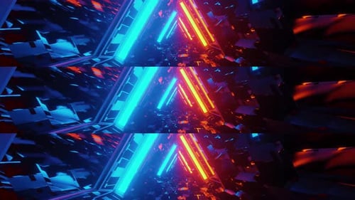 Flying Through Neon Blue Orange Triangle Tunnel Loop