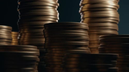 Rows of Golden Cent Coins Finance and Banking Account Concept Close Up Macro Stacks of Coins