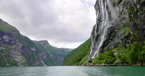 Geiranger fjord, waterfall Seven Sisters. Beautiful Nature Norway natural landscape.