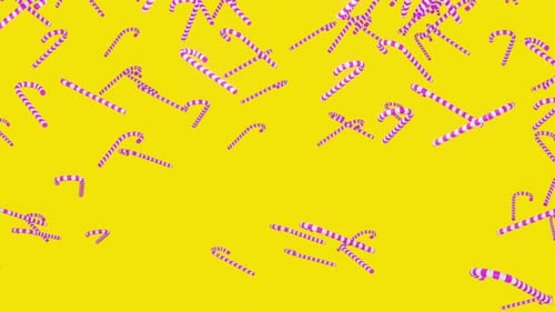 Bastón de caramelo al amanecer aislado sobre fondo amarillo renderizado en 3D. Gotas de caramelo blancas y moradas