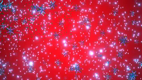 Festive Falling Blue Snowflakes and Glitter on Red Background