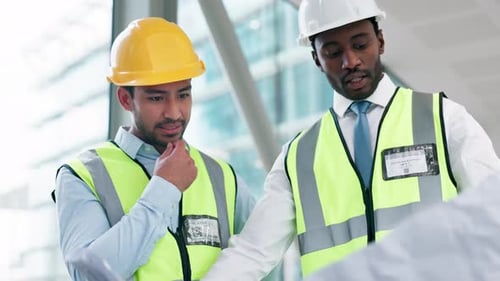 Construction worker, people and blueprint for planning, teamwork or thinking of building