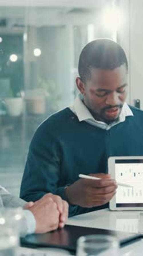 Presentation, tablet screen and businessman in office with data, graphs or charts for finance