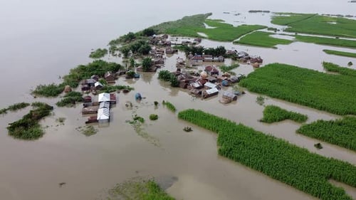 Aerial view of flooded village, Bangladesh.