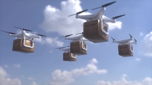 Autonomous Drone Delivery Fleet Flying Through Sky