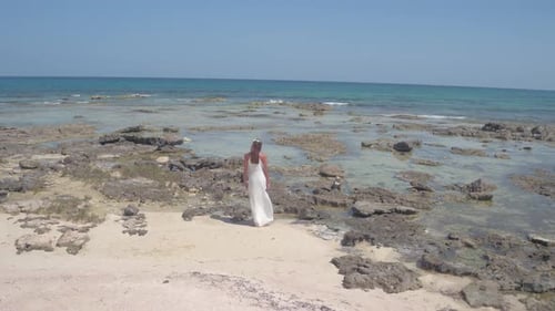 Elegant bride in wedding dress walks tropical beach in Mexico aerial drone view