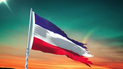 Dynamic Flag Waving Animation with Vibrant Sunset Sky