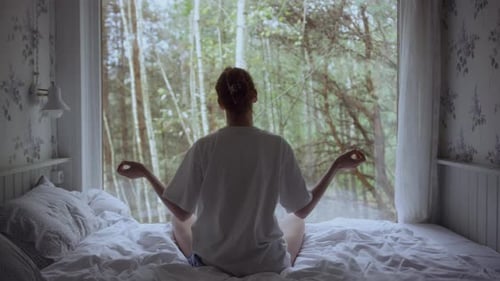 Woman Meditation Forest View Morning Retreat