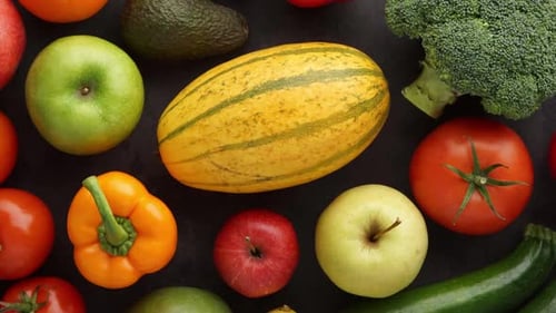 Overhead shot of fresh fruits and vegetables
