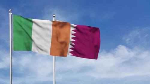 Ireland and Qatar Flags Waving Realistically in Wind