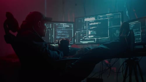 Hacker Eating Noodles and Sitting with Legs at Workplace