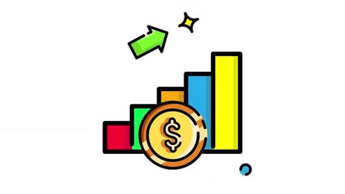 Animated Made in uk a gold coin with a dollar sign on a bar graph.