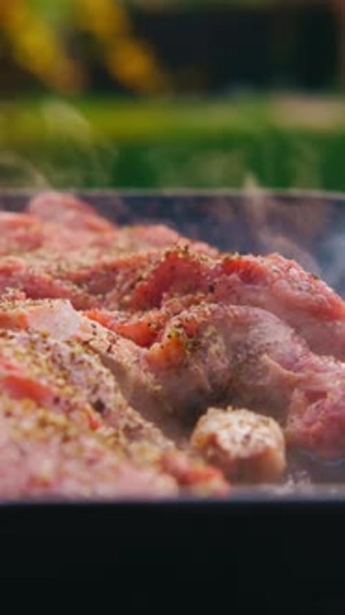 Sizzling Meat with Flavorful Herbs Cooked on a Grill in a Beautiful Outdoor Setting