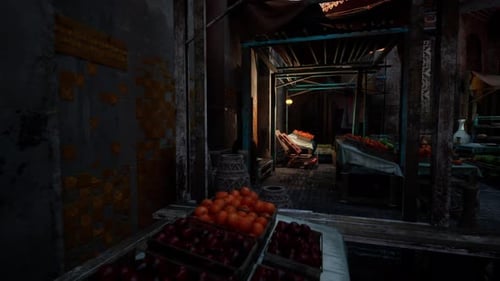 Cinematic Depiction of Rural Market at Sunrise with Lively Activity