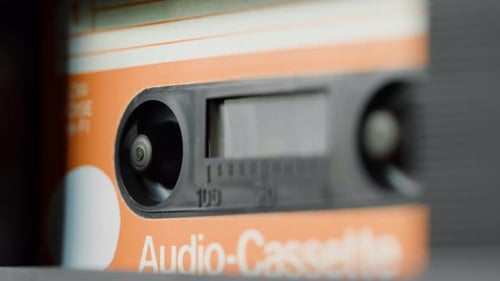 Retro Radio Tape Recorder Audio Cassette Playing Closeup Listening to Music Recording Studio Old